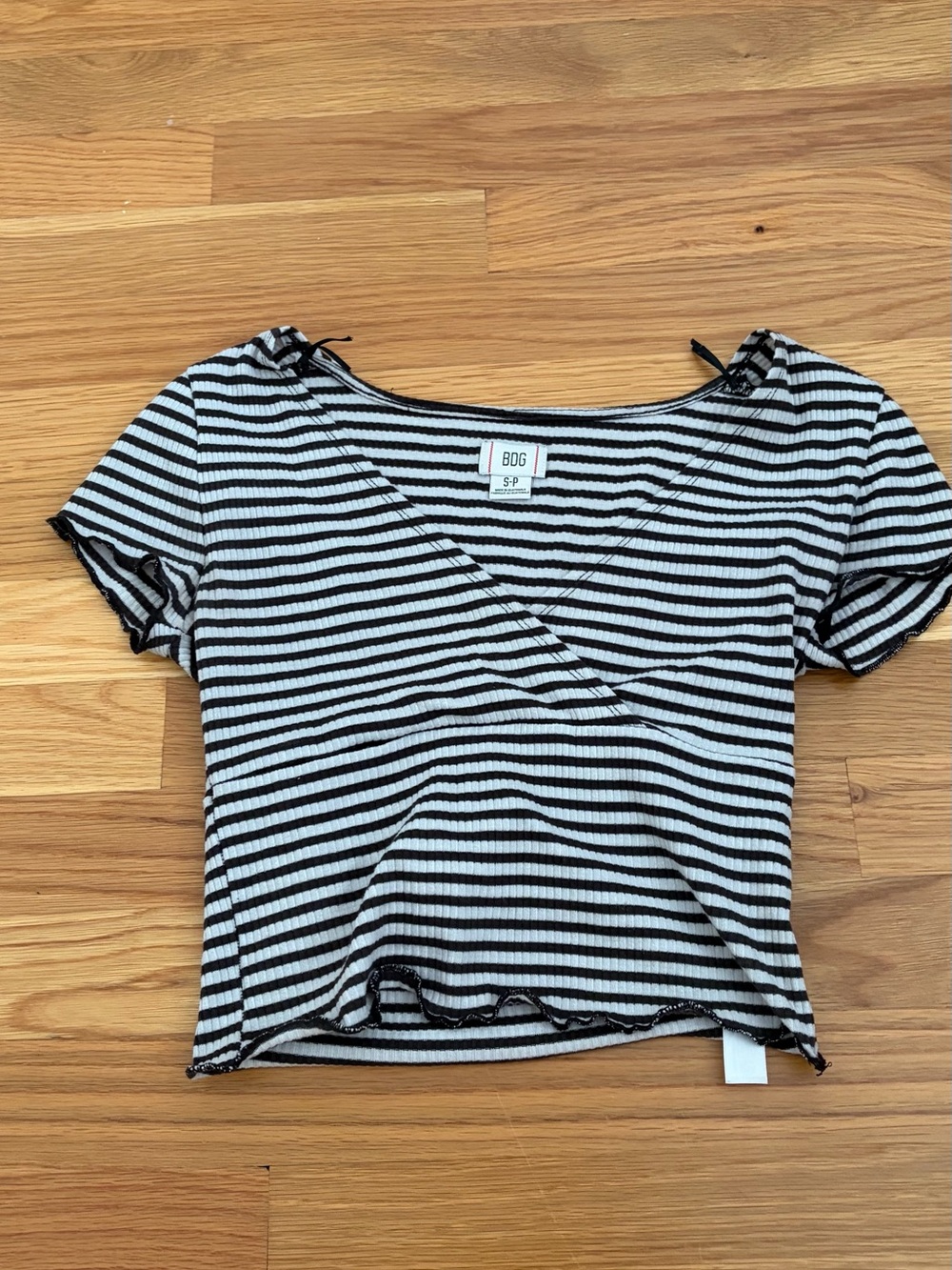 BDG Black & White Striped V-Wrap Ribbed Crop Top